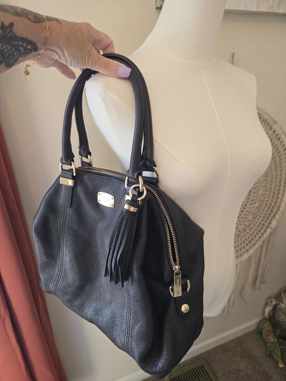 SALE.  Michael Kors Black Leather Tote Handbag with Tassel - Designer Style